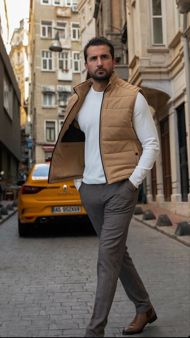 Beige Puffer Vest with Brown Chelsea Boots 